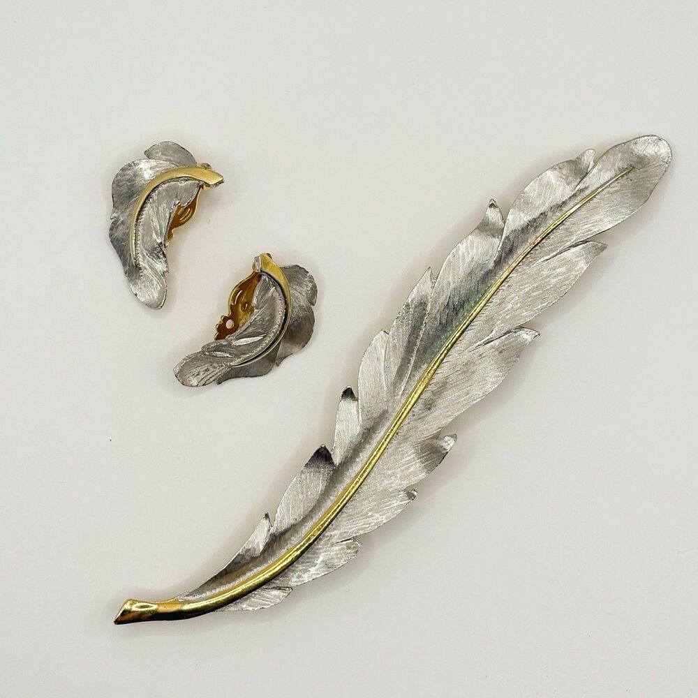 Large Feather Brooch And Clip Earrings Set, Park Lane, Gold And Silver Tone VTG